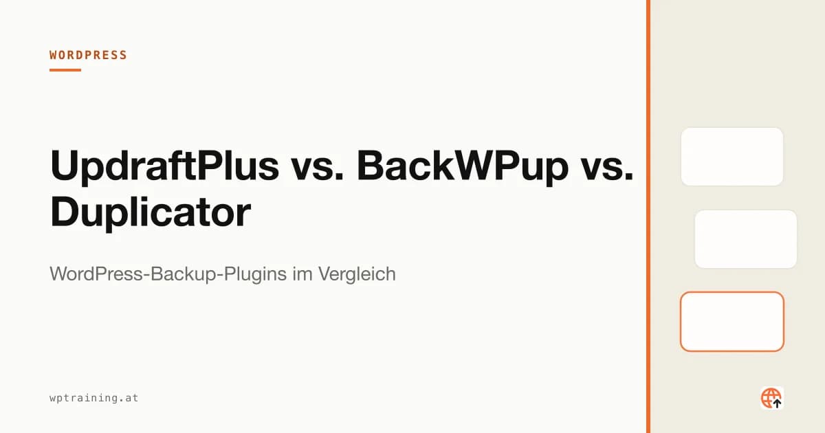 Drei Backup-Plugin-Logos über einer WordPress-Datenbank-Grafik