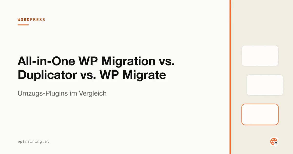 Drei Migrations-Plugin-Symbole über einem WordPress-Server-Umzug