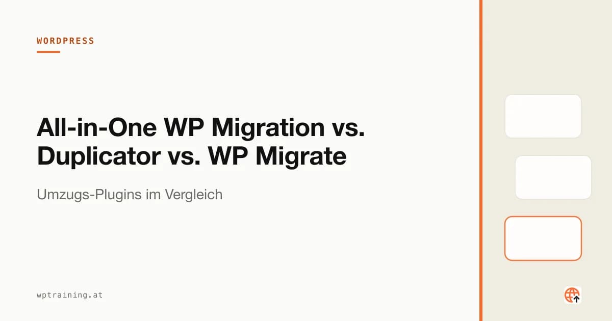 Drei Migrations-Plugin-Symbole über einem WordPress-Server-Umzug