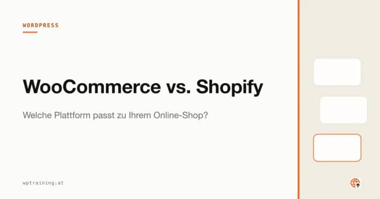 WooCommerce- und Shopify-Logo nebeneinander vor einem Online-Shop