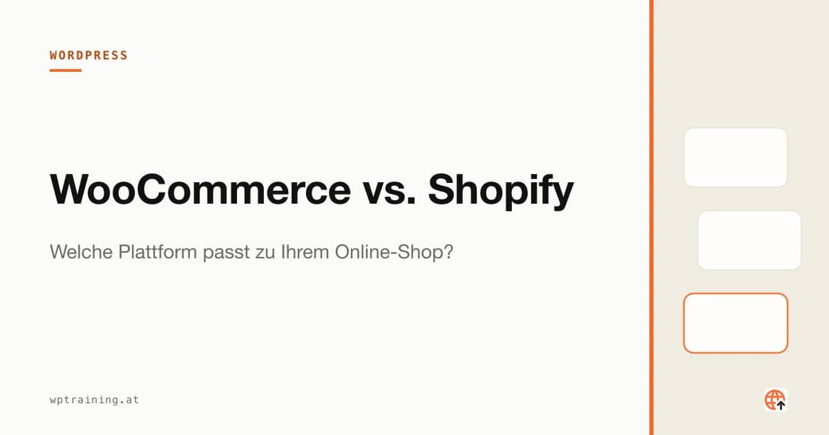 WooCommerce- und Shopify-Logo nebeneinander vor einem Online-Shop